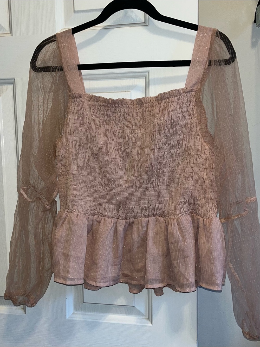 ARULA Sheer Puff-Sleeve Smocked Peplum Top - Pale Pink